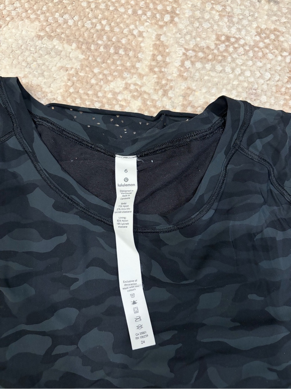 lululemon athletica Black and Charcoal Camo Short Sleeve Top